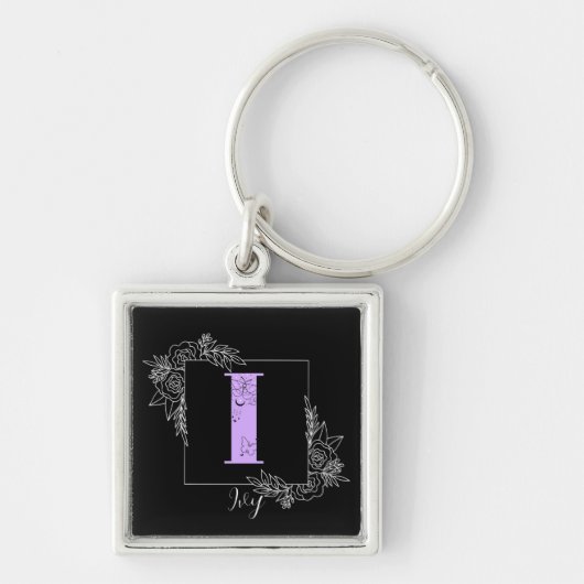 紫フローラ蝶カスタム蝶モノグラム – 文字I キーホルダー (正面)