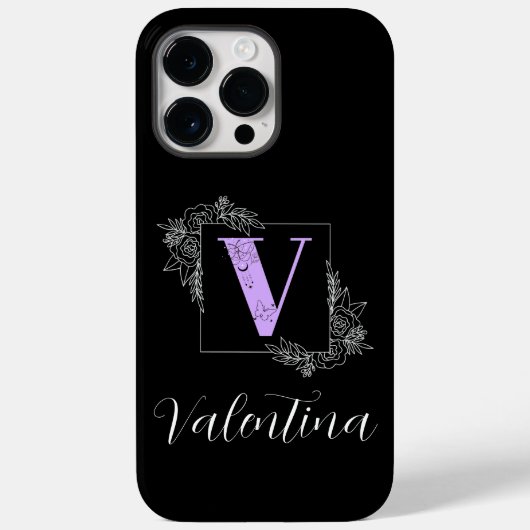 紫フローラ蝶カスタム蝶モノグラム – 文字V Case-Mate iPhoneケース (裏面)