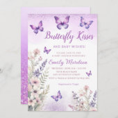 紫フローラ蝶キス女の子ベビーシャワー 招待状 (正面/裏面)