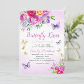 紫フローラ蝶キス女の子ベビーシャワー 招待状 (スタンド正面)
