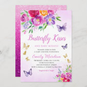紫フローラ蝶キス女の子ベビーシャワー 招待状 (正面/裏面)