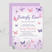 紫フローラ蝶キス女の子ベビーシャワー 招待状 (正面/裏面)