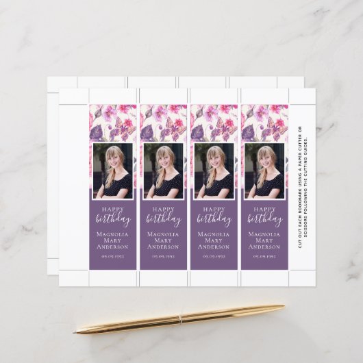 紫フローラ蝶誕生日ブックマークテンプレート (正面/裏面インサイチュ)