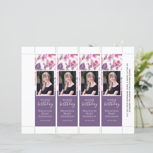 紫フローラ蝶誕生日ブックマークテンプレート (スタンド正面)