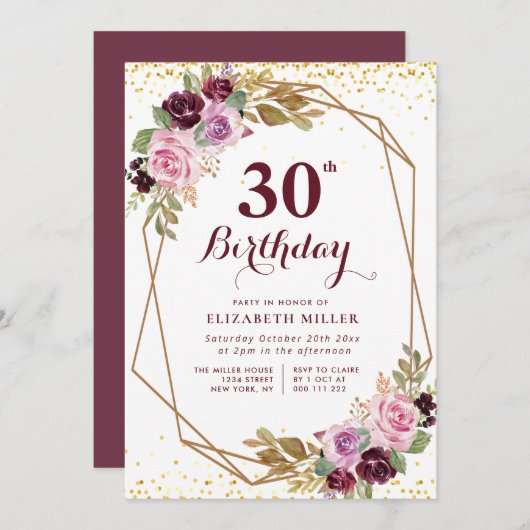 紫フローラ30歳の誕生日パーティの招待状 招待状 (正面/裏面)
