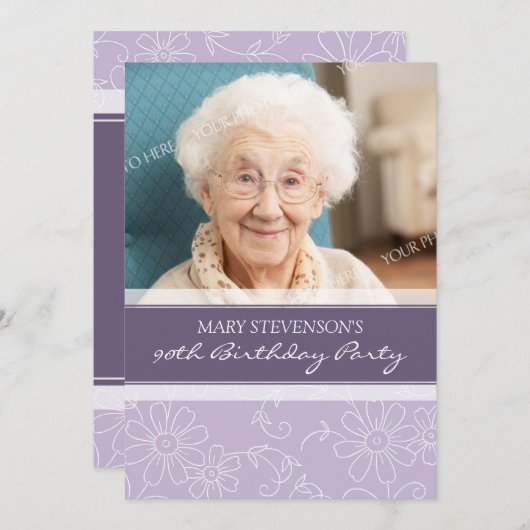 紫フローラ90バースデーパーティ招待状 招待状 (正面/裏面)