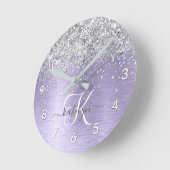 紫ブラシ仕上げメタルシルバーグリッターモノグラム名 ラウンド壁時計 (傾斜)