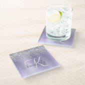 紫ブラシ仕上げメタル銀グリッターモノグラム名 ガラスコースター (アングル)