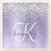 紫ブラシ仕上げメタル銀グリッターモノグラム名 ガラスコースター (正面)