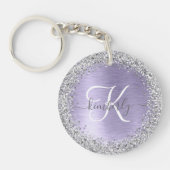 紫ブラシ仕上げメタル銀グリッターモノグラム名 キーホルダー (正面)