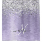 紫ブラシ仕上げメタル銀グリッターモノグラム名 シャワーカーテン (正面)