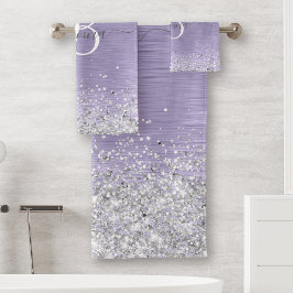紫ブラシ仕上げメタル銀グリッターモノグラム名 バスタオルセット