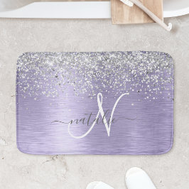 紫ブラシ仕上げメタル銀グリッターモノグラム名 バスマット