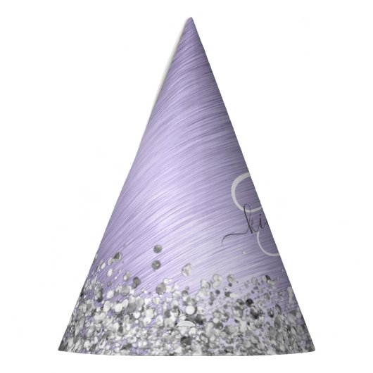 紫ブラシ仕上げメタル銀グリッターモノグラム名 パーティーハット (左)