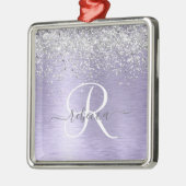 紫ブラシ仕上げメタル銀グリッターモノグラム名 メタルオーナメント (左)