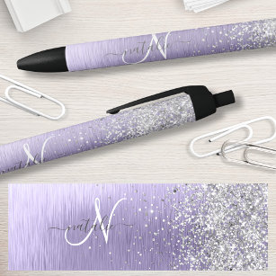 紫ブラシ仕上げメタル銀グリッターモノグラム名 黒ボールペン