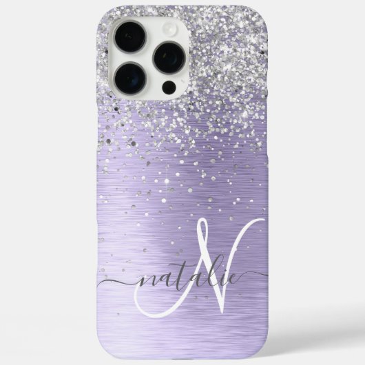 紫ブラシ仕上げメタル銀グリッターモノグラム名 Case-Mate iPhoneケース (裏面)