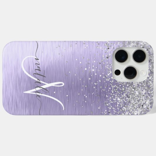 紫ブラシ仕上げメタル銀グリッターモノグラム名 Case-Mate iPhoneケース (裏面 (横))