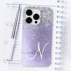 紫ブラシ仕上げメタル銀グリッターモノグラム名 Case-Mate iPhone 14 PROケース