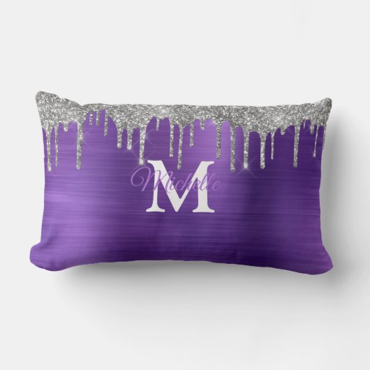 紫ブラシ仕上げ金属モノグラパーソナライズされたム ランバークッション (正面)