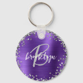 紫ブラシ仕上げ金属銀グリッターモノグラム キーホルダー (正面)