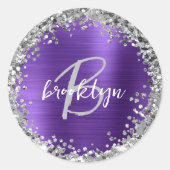 紫ブラシ仕上げ金属銀グリッターモノグラム ラウンドシール (正面)