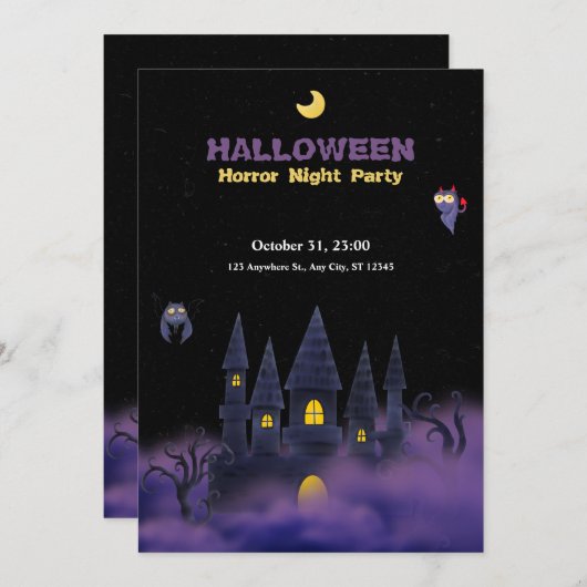 紫ブラックよくはしゃぐおもしろいハロウィーン5" x 7" 招待状 (正面/裏面)