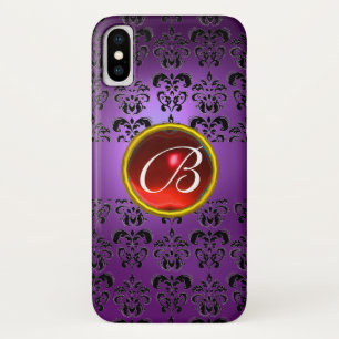 紫ブラックダマスク赤ルビー宝石モノグラム iPhone X ケース
