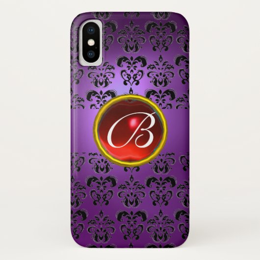 紫ブラックダマスク赤ルビー宝石モノグラム Case-Mate iPhoneケース (裏面)
