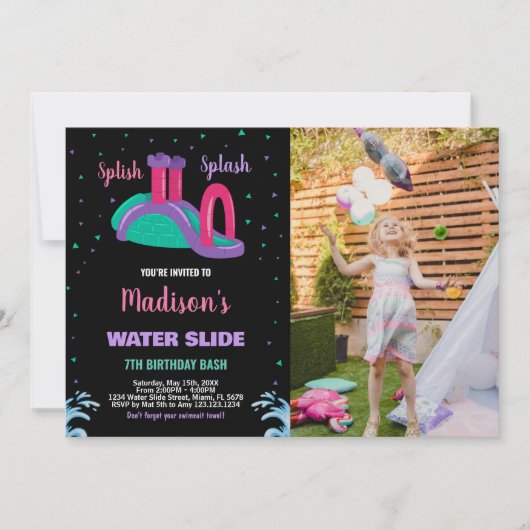 紫ブラックピンクフォトウォータースライド誕生日 招待状 (正面)