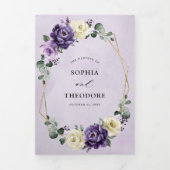 紫プラムアイボリー金ゴールドフローラ幾何結婚Tr 三つ折り案内状 (カバー)