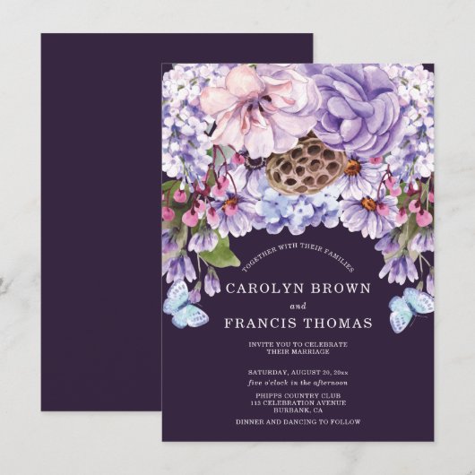 紫プラムフローラ水結婚色 招待状 (正面/裏面)