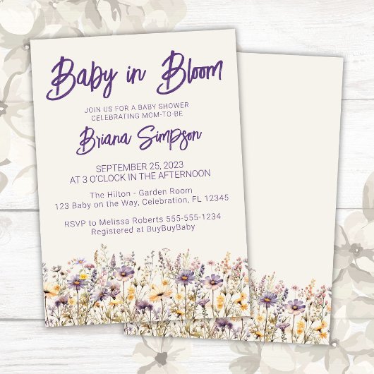 紫ベージュワイルドフラワーニュートラルベビーシャワー 招待状
