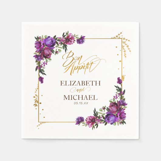 紫ホットピンク金ゴールド水色フローラ結婚ズ スタンダードカクテルナプキン (正面)
