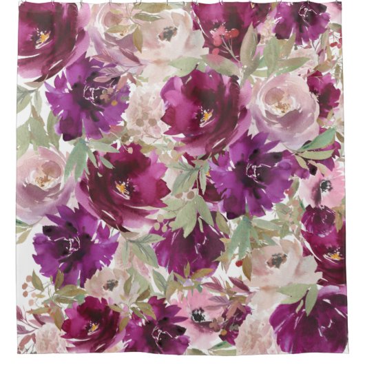 紫ホワイトグリーン植物性フローラシャワーカーテン シャワーカーテン (正面)