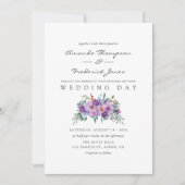 紫マグノリアとバラの水色結婚の 招待状 (正面)