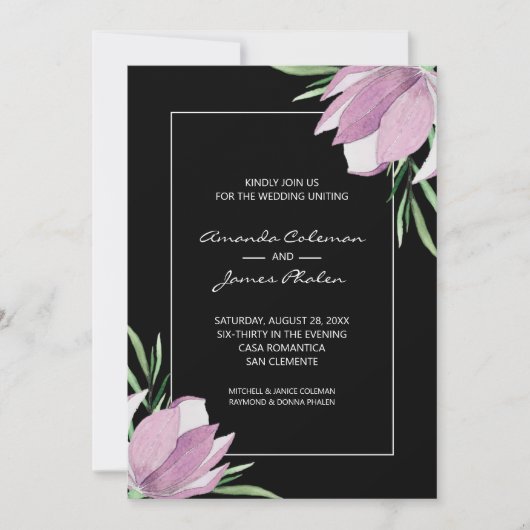 紫マグノリアス水カラーフローラ結婚ズ 招待状 (正面)