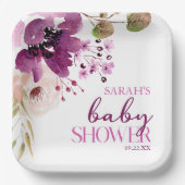 紫マゼンタパープルフローラベビーシャワー ペーパープレート (正面)