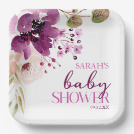 紫マゼンタパープルフローラベビーシャワー ペーパープレート