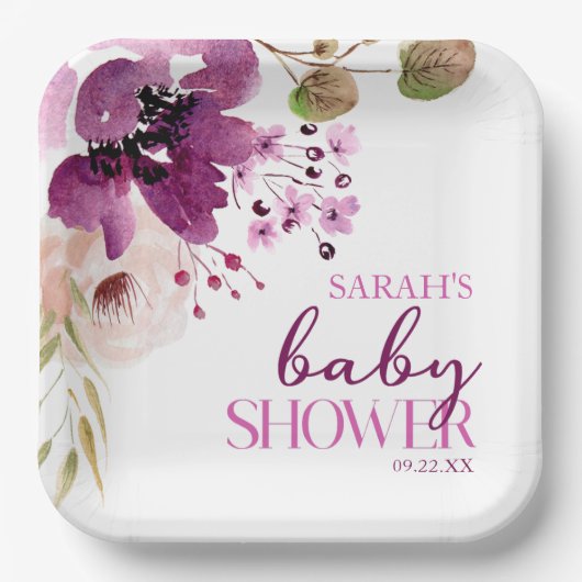紫マゼンタパープルフローラベビーシャワー ペーパープレート (正面)