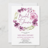 紫マゼンタパープルフローラ花ブライダルシャワー 招待状 (正面)