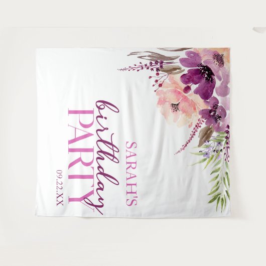 紫マゼンタパープルフローラ誕生日パーティー タペストリー (正面(横))