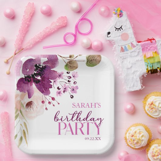 紫マゼンタパープルフローラ誕生日パーティー ペーパープレート (パーティー)