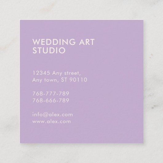 紫ミニマルのモダン離れのパターンのスクリプト スクエア名刺 (裏面)