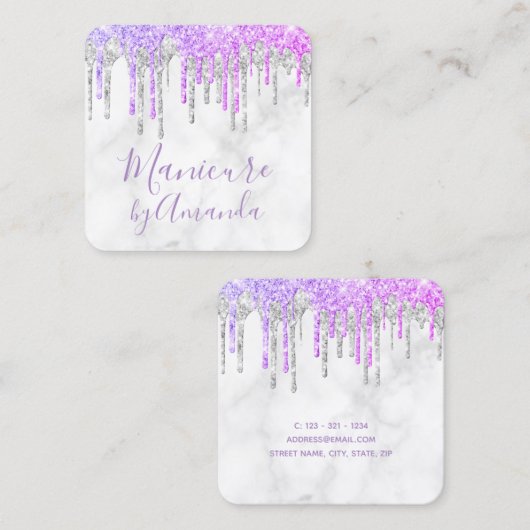 紫モダンと大理石のグリッターはマニキュアを乾燥 スクエア名刺 (正面/裏面)