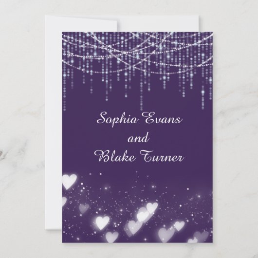 紫モダンと白のラぶら下がったイト日付を保存 招待状 (裏面)