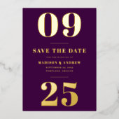 紫モダンと金ゴールドのはっきりした日付日付を保存 箔招待状 (正面)