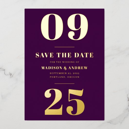 紫モダンと金ゴールドのはっきりした日付日付を保存 箔招待状 (正面)