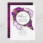 紫モダンと金ゴールド抽象芸術のフローラ結婚のInv 招待状 (正面/裏面)