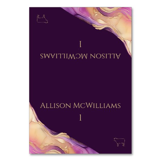 紫モダンと金ゴールド結婚の肉のアイコン テーブルナンバー (正面)